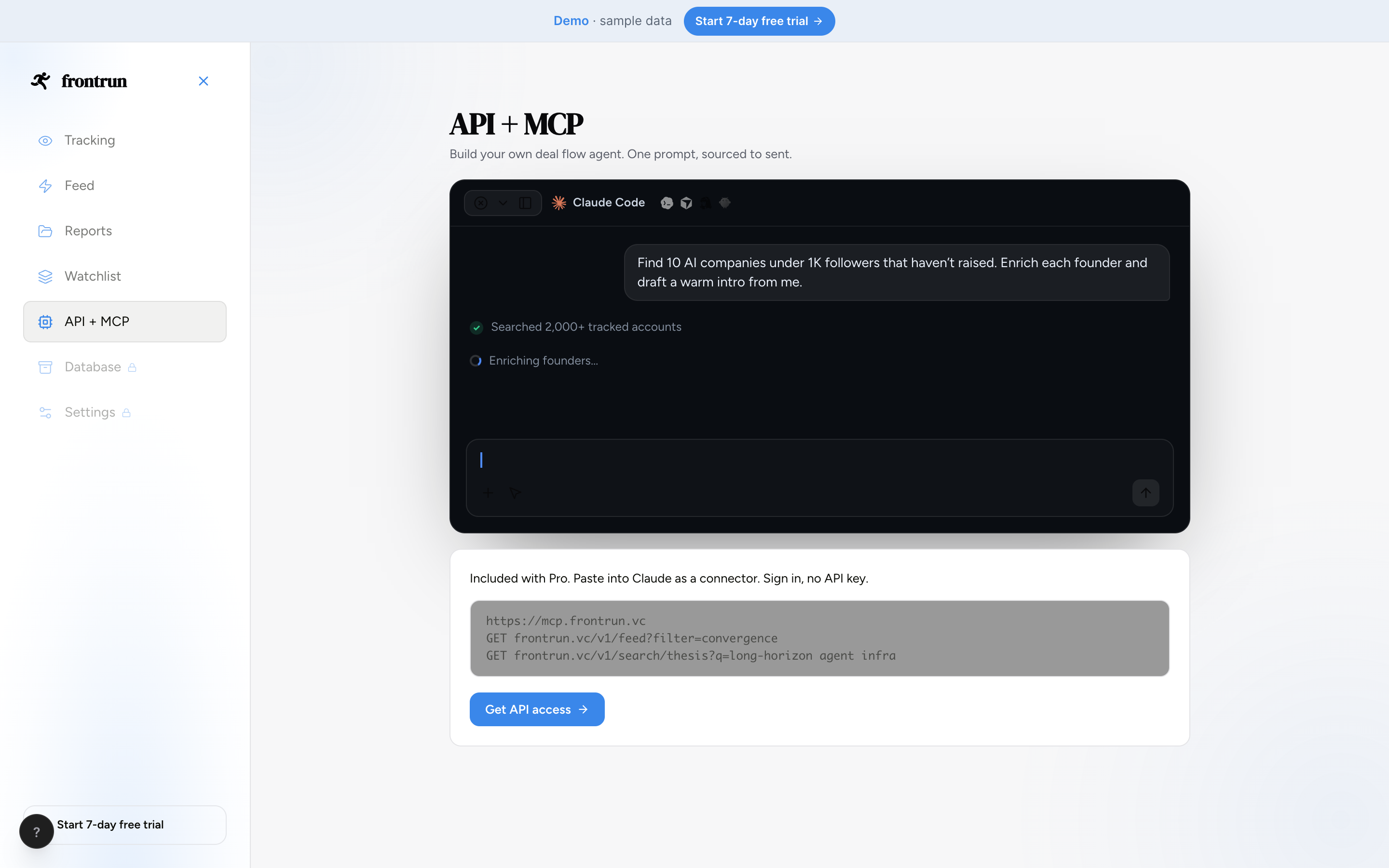 The API + MCP view with your key and quickstarts
