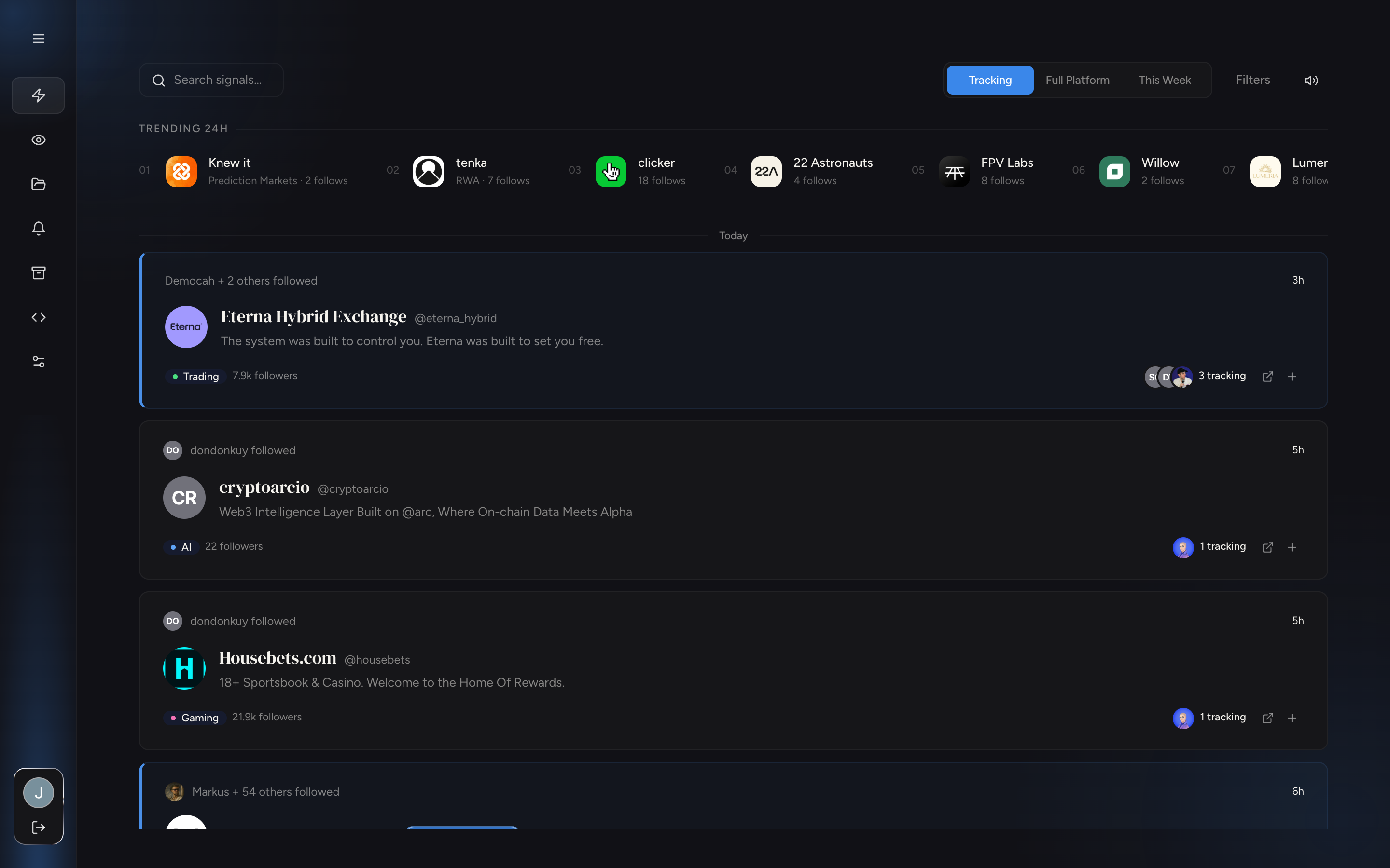 The Feed: Trending 24h rail plus follow events grouped by day