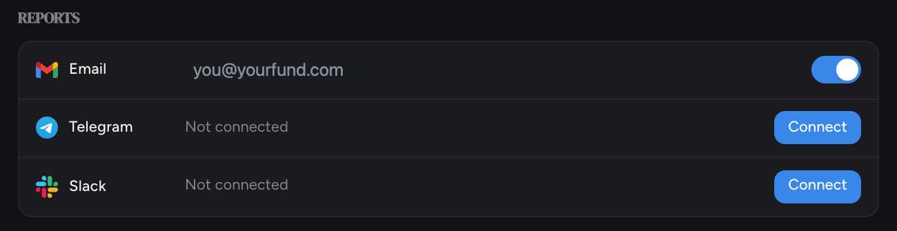 The Reports section in Settings: Email, Telegram, Slack