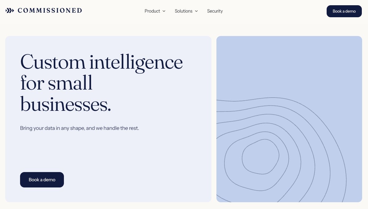 Commissioned homepage: custom intelligence for small businesses, fine-tuned AI models from your data