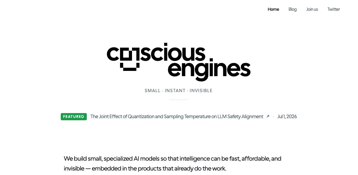 Conscious Engines homepage: small specialized AI models embedded in products