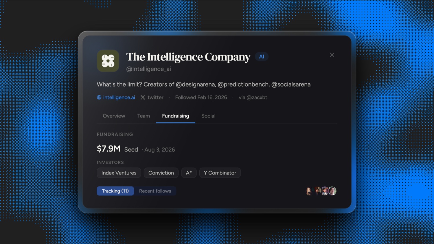 Frontrun flagged The Intelligence Company's DesignArena (@DesignArena) on February 16, 2026, 168 days before its $7.9M seed led by Index Ventures
