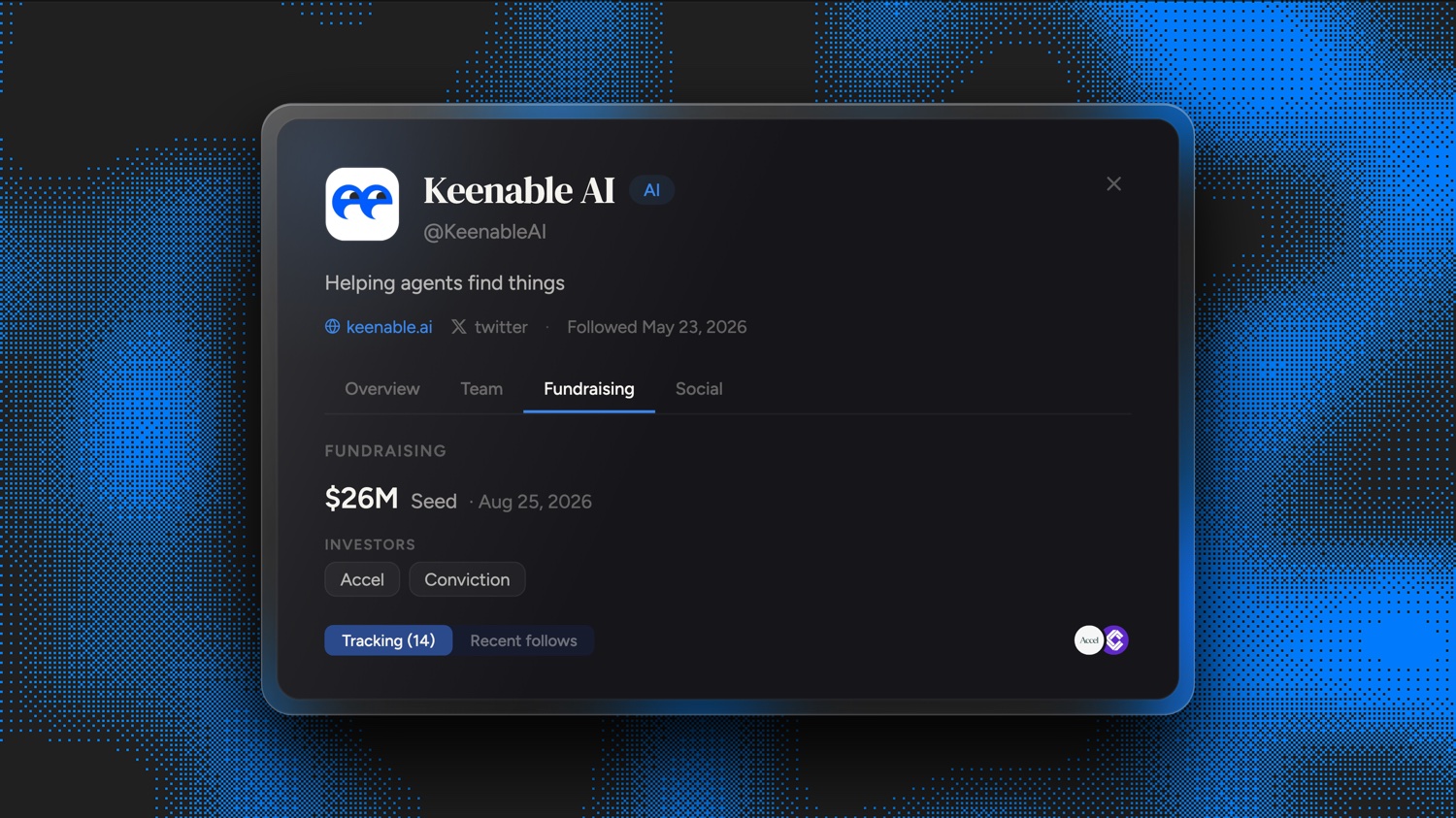 Frontrun flagged Keenable (@KeenableAI) on May 23, 2026, 94 days before its $26M seed