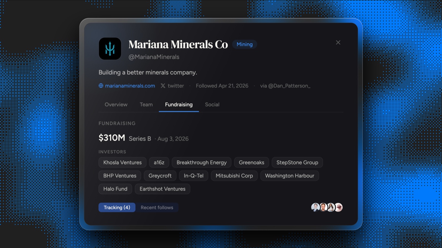 Frontrun flagged Mariana Minerals (@MarianaMinerals) on April 21, 2026, 104 days before its $310M Series B led by Khosla Ventures