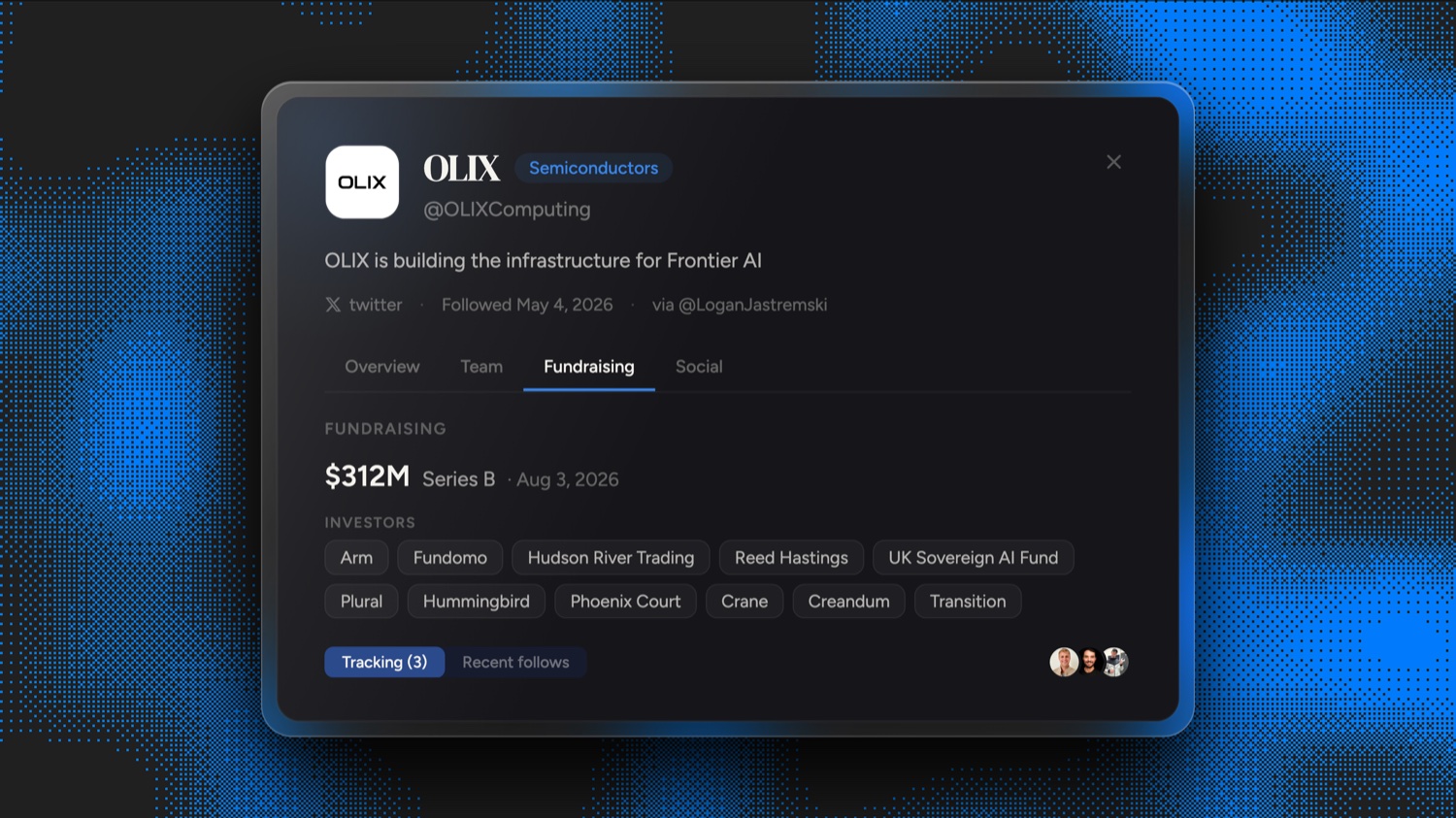Frontrun flagged OLIX (@OLIXComputing) on May 4, 2026, 91 days before its $312M Series B at a $3.3B valuation