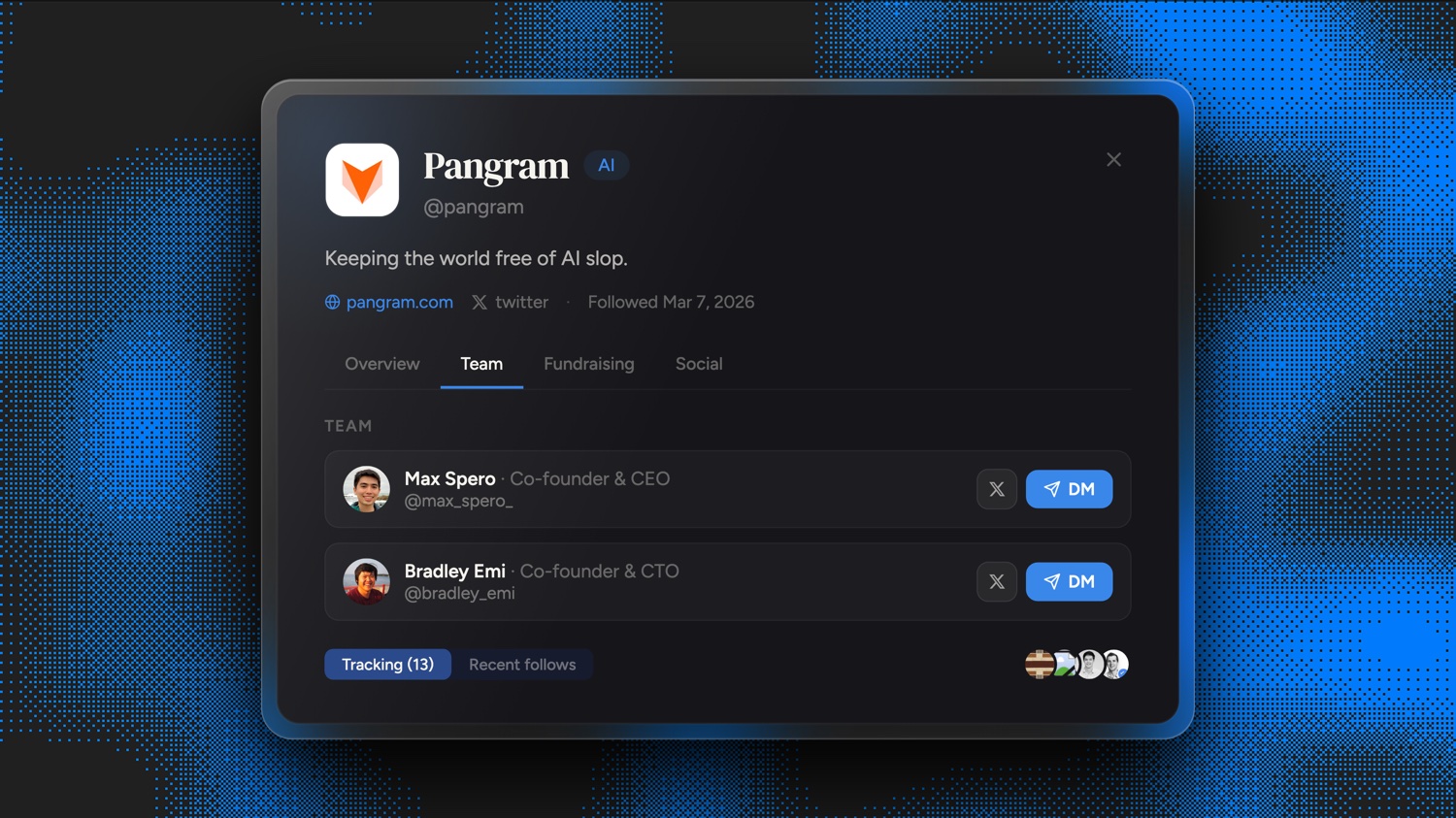 Frontrun flagged Pangram (@pangram) on March 7, 2026, 144 days before its seed led by Menlo Ventures