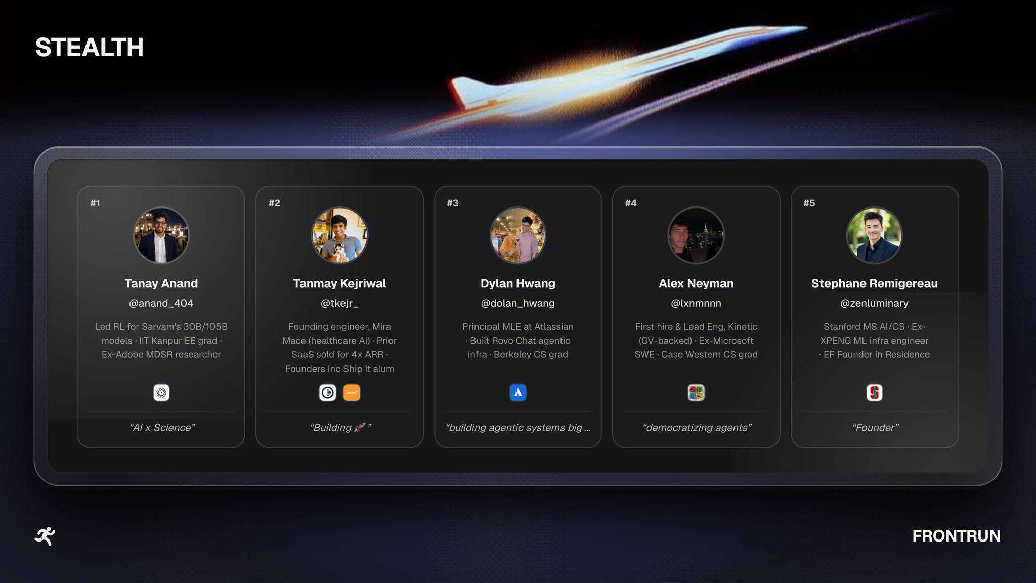frontrun receipt card for 5 stealth founders