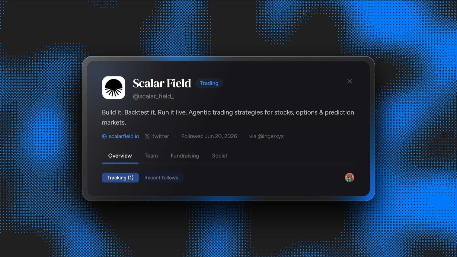 Frontrun flagged Scalar Field (@scalar_field_) on June 20, 2026, 44 days before its agentic trading desk launch