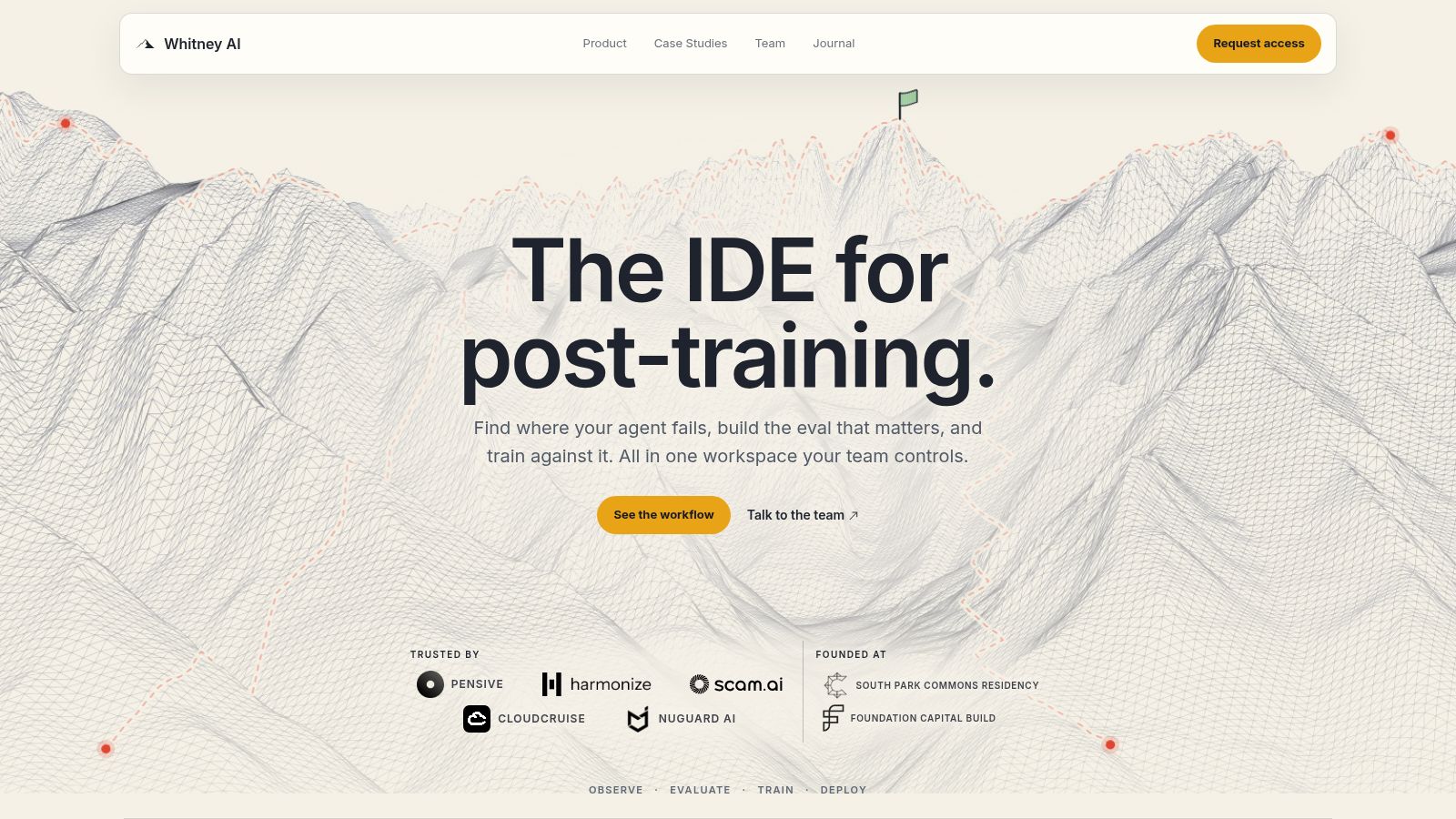 Whitney AI homepage at trywhitney.com, tagline 'The IDE for post-training', a South Park Commons residency startup