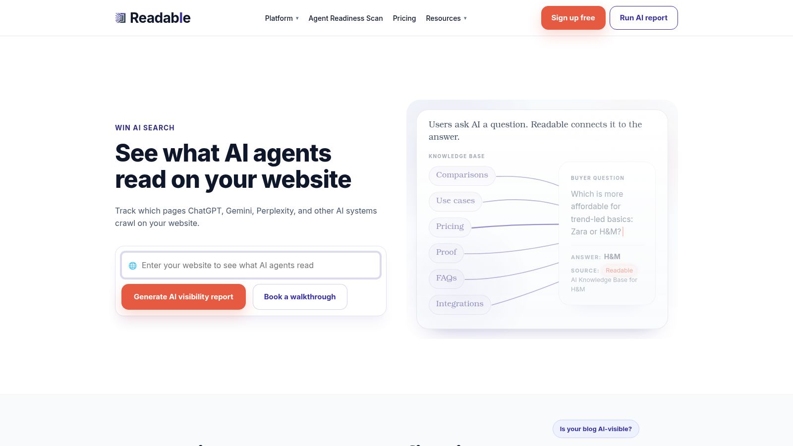 Readable AI homepage at tryreadable.ai, tagline 'See what AI agents read on your website', a South Park Commons-backed startup