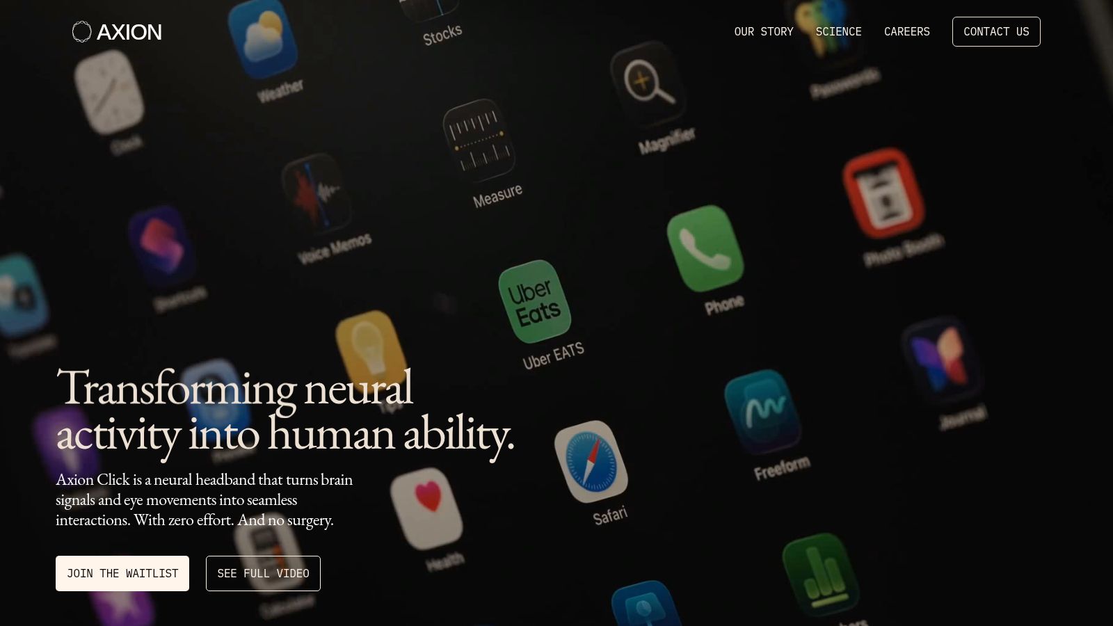 AXION homepage at axionclick.com, tagline 'Transforming neural activity into human ability', a South Park Commons founder fellowship startup