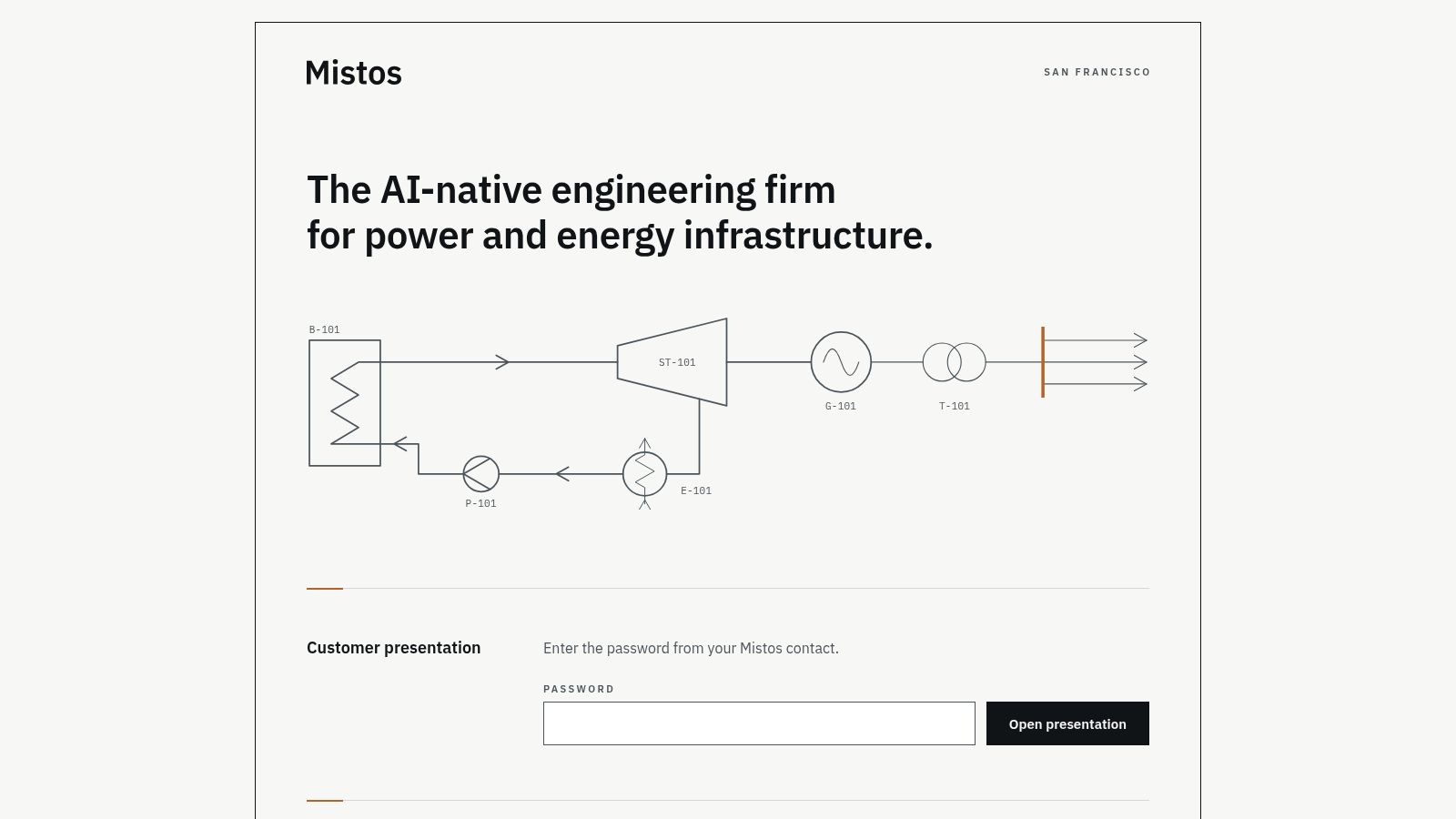 Mistos homepage at mistos.com, tagline 'The AI-native engineering firm for power and energy infrastructure', a South Park Commons startup