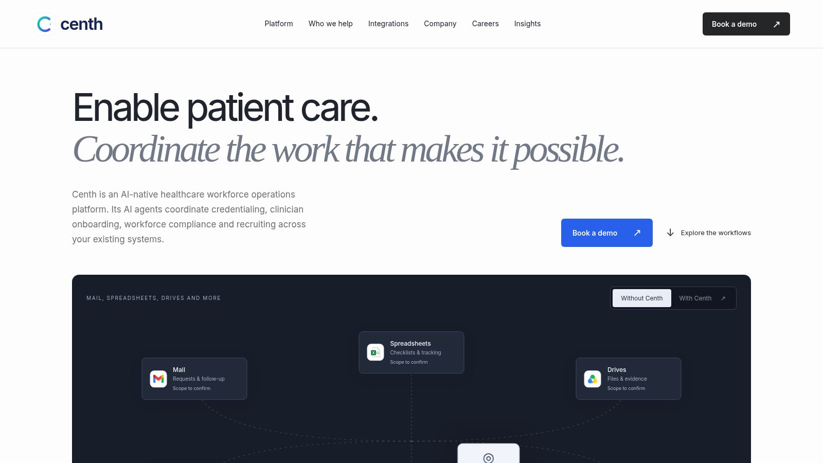 Centh homepage at centh.ai, tagline 'Enable patient care', a South Park Commons founder fellowship startup