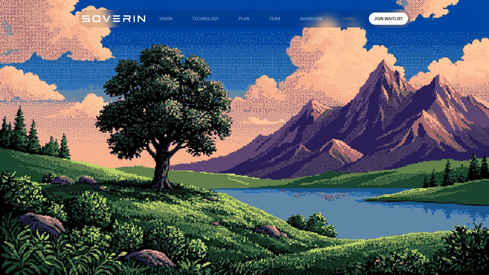 Soverin homepage at soverinlabs.com, pixel-art landscape with 'Run-time cognitive models for gaming', a South Park Commons startup