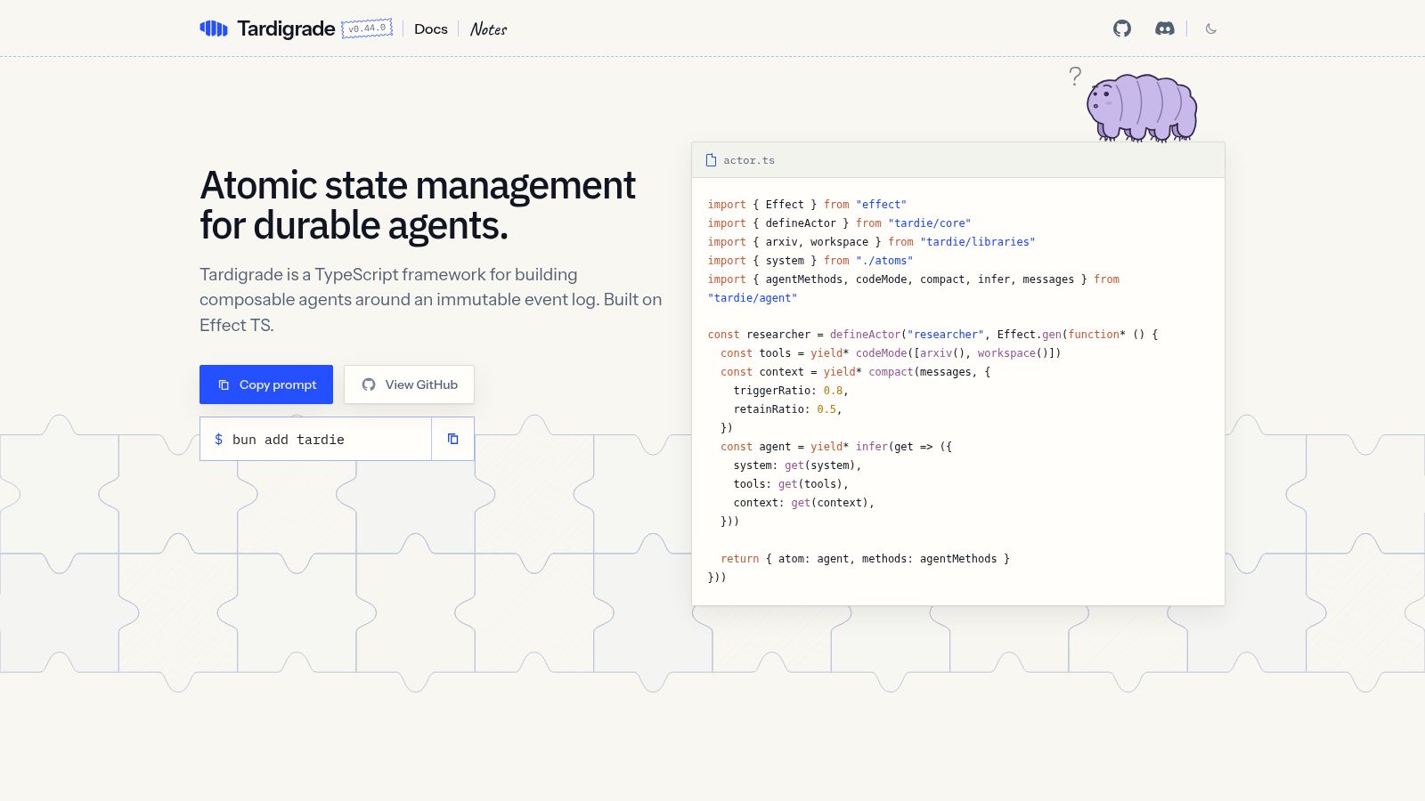 Tardigrade homepage at tardigrade.sh, tagline 'Atomic state management for durable agents' with a TypeScript code sample, a South Park Commons-backed startup
